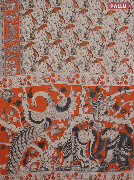 Kalamkari cotton saree cream and orange with allover prints and printed border