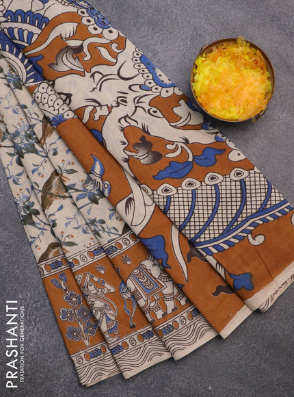 Kalamkari cotton saree cream and dark mustard with allover prints and printed border