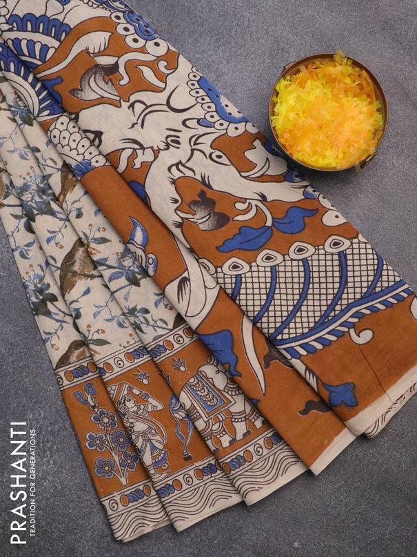 Kalamkari cotton saree cream and dark mustard with allover prints and printed border