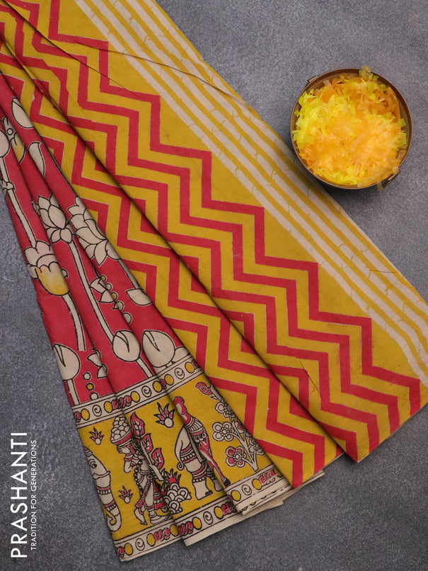 Kalamkari cotton saree red and yellow with allover prints and printed border