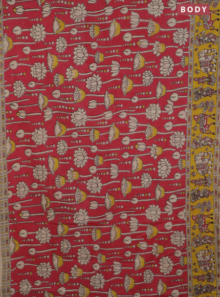 Kalamkari cotton saree red and yellow with allover prints and printed border