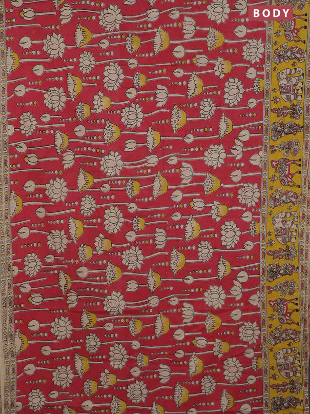 Kalamkari cotton saree red and yellow with allover prints and printed border