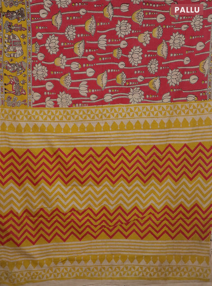 Kalamkari cotton saree red and yellow with allover prints and printed border