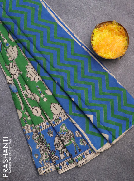 Kalamkari cotton saree green and blue with allover prints and printed border