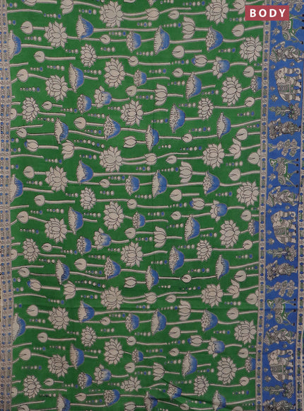 Kalamkari cotton saree green and blue with allover prints and printed border