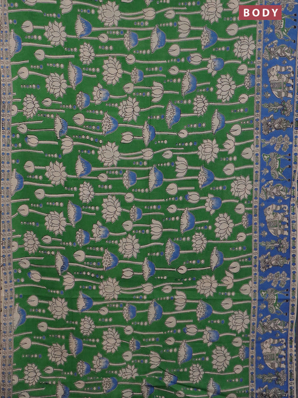 Kalamkari cotton saree green and blue with allover prints and printed border