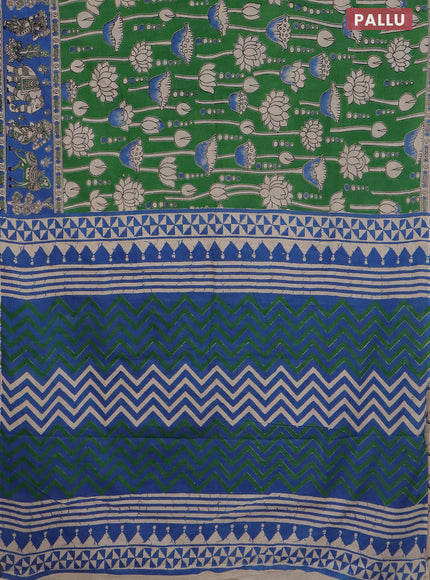 Kalamkari cotton saree green and blue with allover prints and printed border