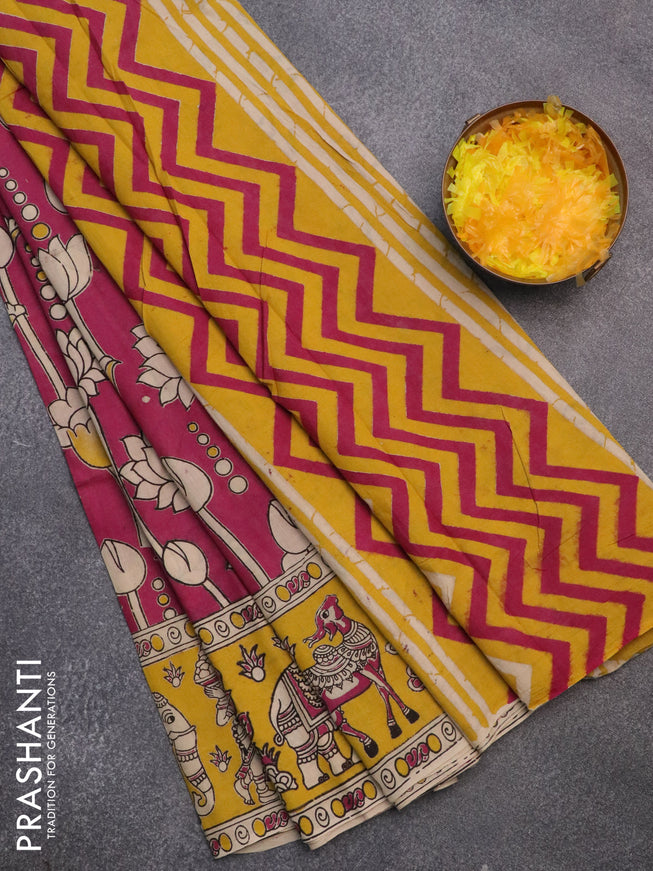 Kalamkari cotton saree magenta pink and yellow with allover prints and printed border