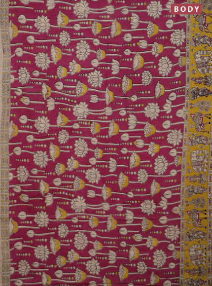 Kalamkari cotton saree magenta pink and yellow with allover prints and printed border