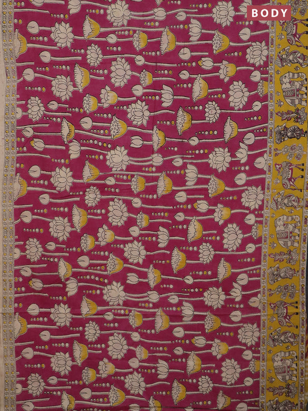 Kalamkari cotton saree magenta pink and yellow with allover prints and printed border