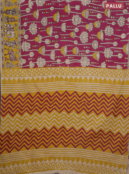 Kalamkari cotton saree magenta pink and yellow with allover prints and printed border