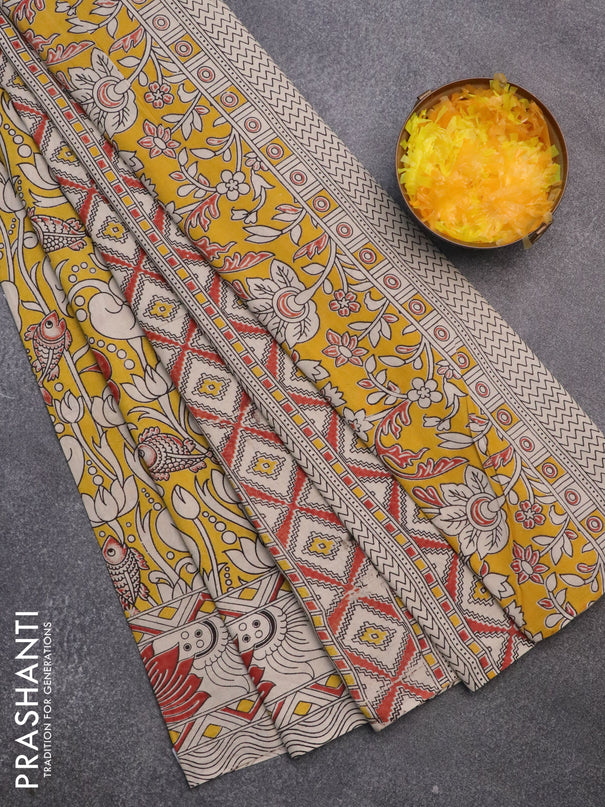 Kalamkari cotton saree yellow and beige maroon with allover prints and printed border