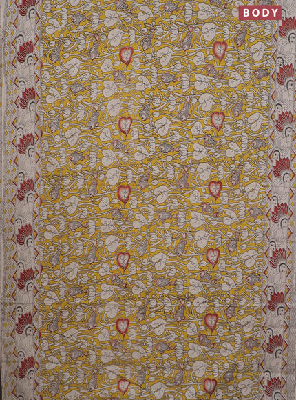 Kalamkari cotton saree yellow and beige maroon with allover prints and printed border