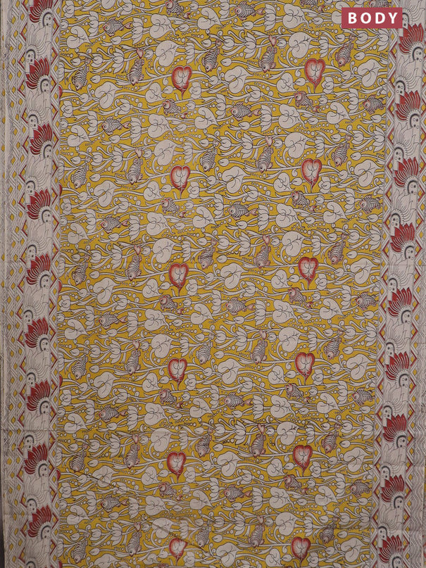 Kalamkari cotton saree yellow and beige maroon with allover prints and printed border