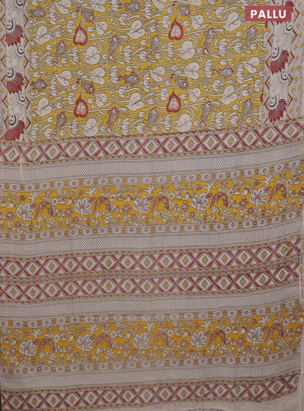 Kalamkari cotton saree yellow and beige maroon with allover prints and printed border