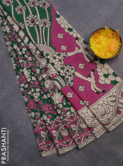 Kalamkari cotton saree green and pink with allover prints and printed border