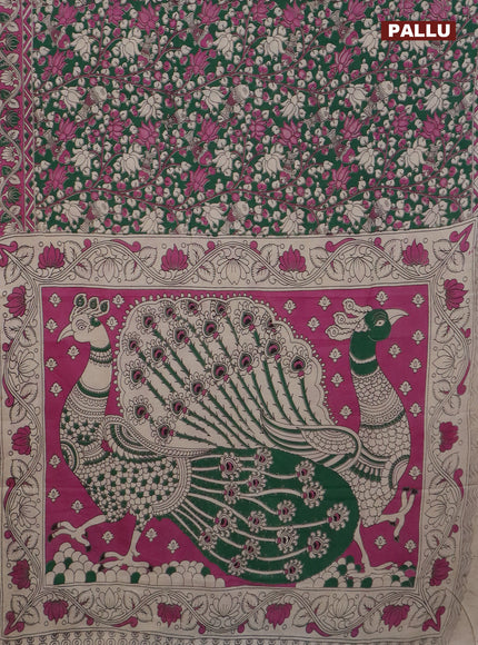 Kalamkari cotton saree green and pink with allover prints and printed border