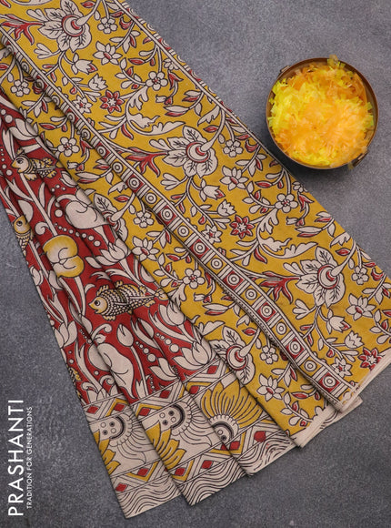 Kalamkari cotton saree maroon and beige yellow with allover prints and printed border