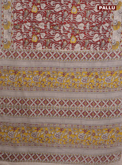 Kalamkari cotton saree maroon and beige yellow with allover prints and printed border