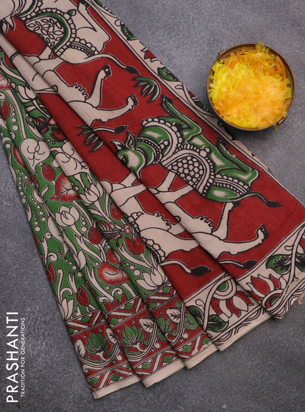 Kalamkari cotton saree green and maroon with allover prints and printed border