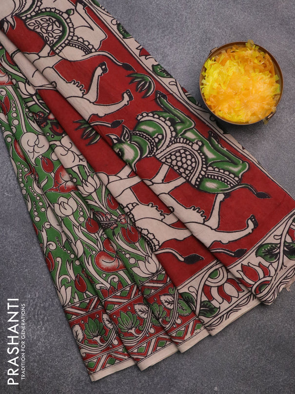 Kalamkari cotton saree green and maroon with allover prints and printed border