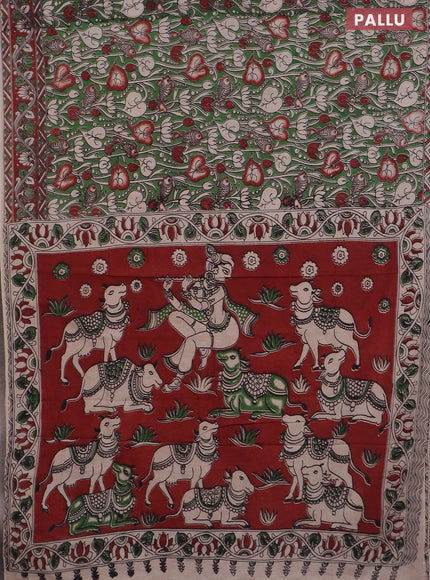 Kalamkari cotton saree green and maroon with allover prints and printed border