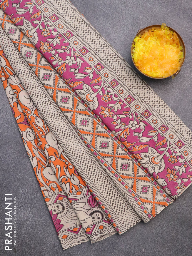 Kalamkari cotton saree orange and beige pink with allover prints and printed border