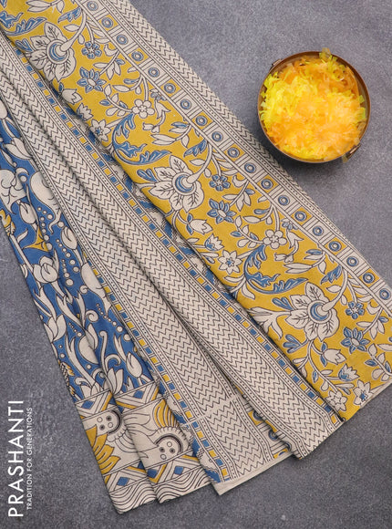 Kalamkari cotton saree peacock blue and beige yellow with allover prints and printed border