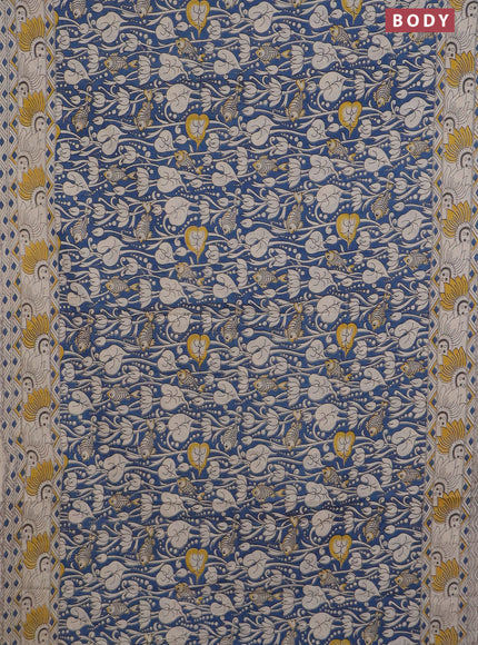 Kalamkari cotton saree peacock blue and beige yellow with allover prints and printed border