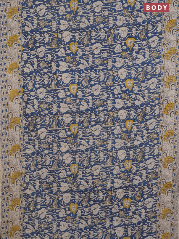 Kalamkari cotton saree peacock blue and beige yellow with allover prints and printed border