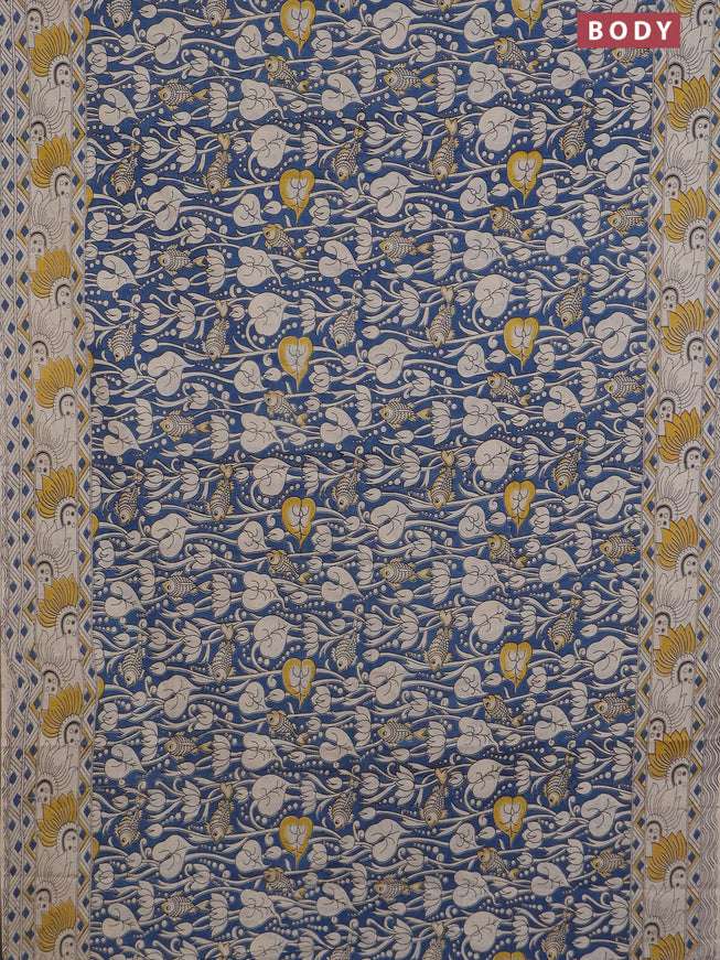 Kalamkari cotton saree peacock blue and beige yellow with allover prints and printed border