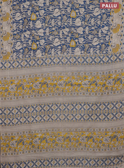 Kalamkari cotton saree peacock blue and beige yellow with allover prints and printed border