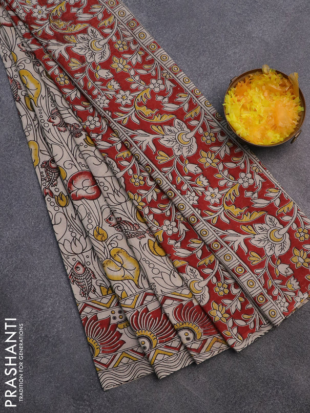 Kalamkari cotton saree beige and yellow maroon with allover prints and printed border