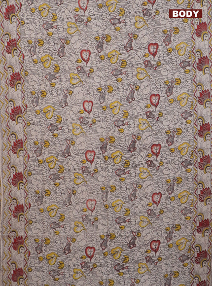 Kalamkari cotton saree beige and yellow maroon with allover prints and printed border