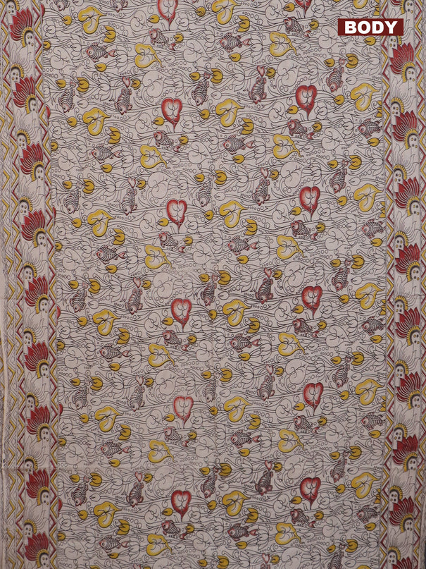 Kalamkari cotton saree beige and yellow maroon with allover prints and printed border