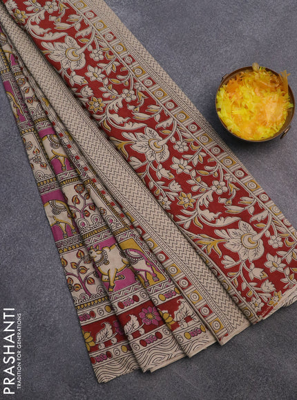 Kalamkari cotton saree yellow purple and maroon with allover prints and printed border