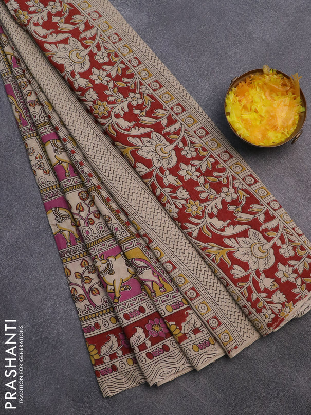 Kalamkari cotton saree yellow purple and maroon with allover prints and printed border