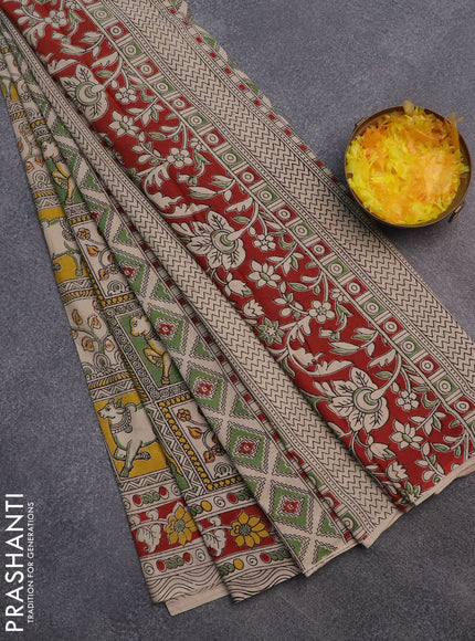 Kalamkari cotton saree green yellow and red with allover prints and printed border