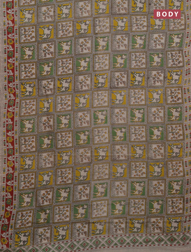 Kalamkari cotton saree green yellow and red with allover prints and printed border