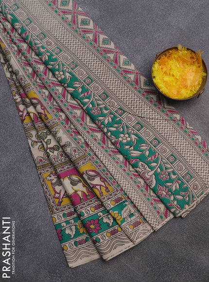 Kalamkari cotton saree yellow beige and teal green with allover prints and printed border