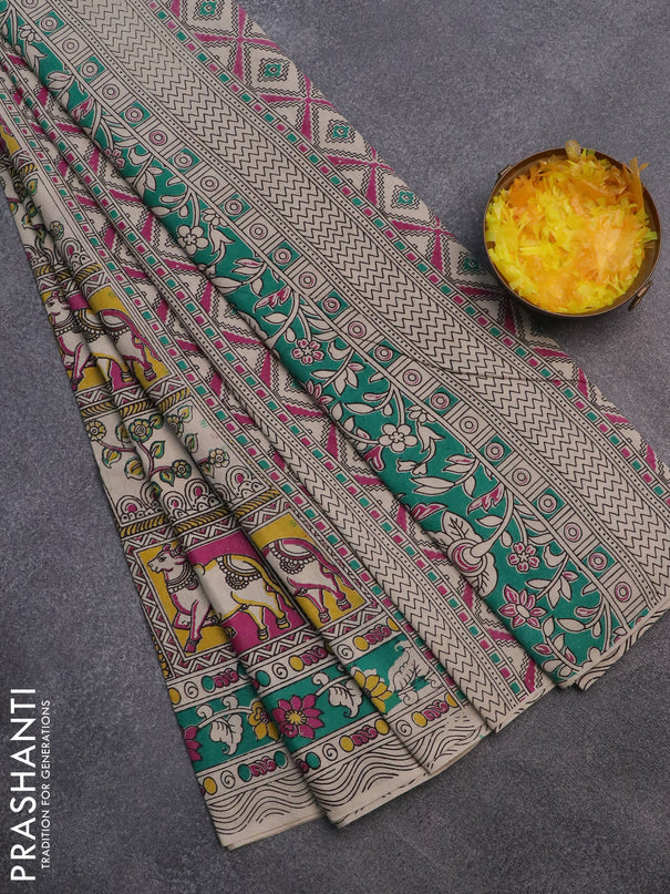 Kalamkari cotton saree yellow beige and teal green with allover prints and printed border