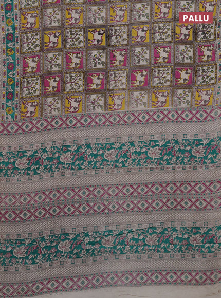 Kalamkari cotton saree yellow beige and teal green with allover prints and printed border