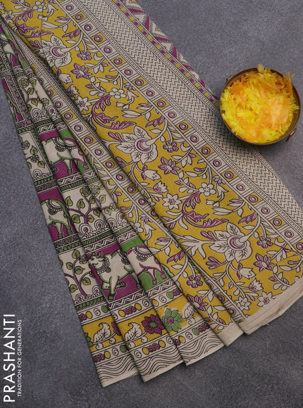 Kalamkari cotton saree green beige and purple yellow with allover prints and printed border