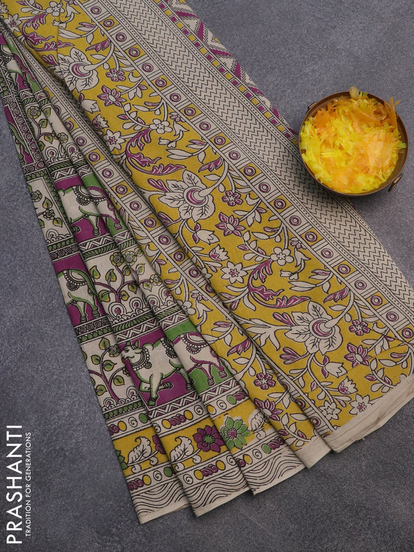 Kalamkari cotton saree green beige and purple yellow with allover prints and printed border