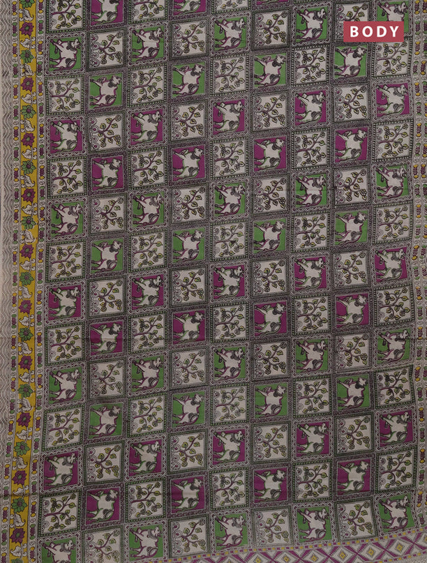 Kalamkari cotton saree green beige and purple yellow with allover prints and printed border