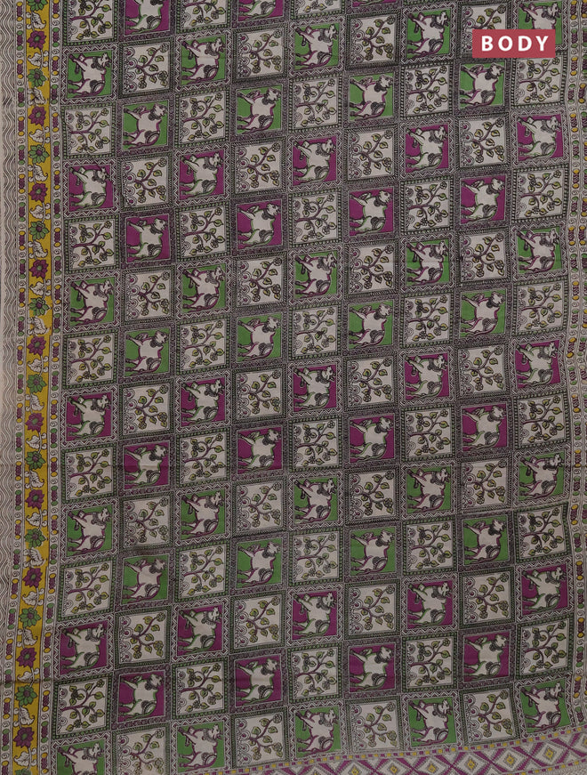 Kalamkari cotton saree green beige and purple yellow with allover prints and printed border