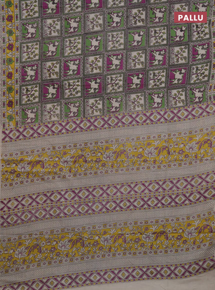 Kalamkari cotton saree green beige and purple yellow with allover prints and printed border