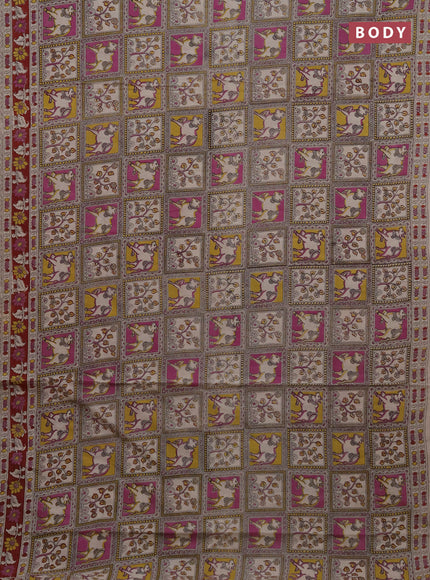 Kalamkari cotton saree yellow purple and maroon with allover prints and printed border