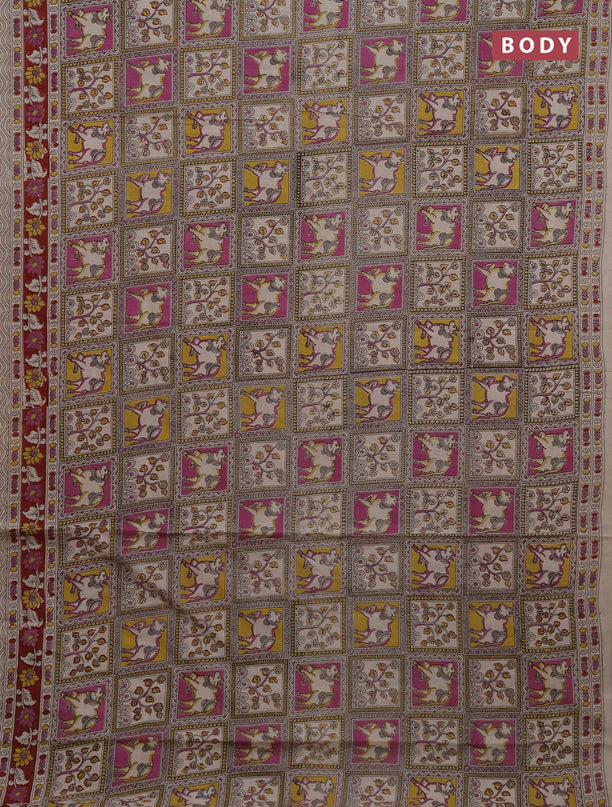 Kalamkari cotton saree yellow purple and maroon with allover prints and printed border