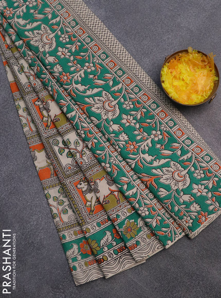 Kalamkari cotton saree beige light green and teal green with allover prints and printed border